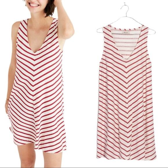 Madewell Red & Cream Striped V Neck Dress - Size Large